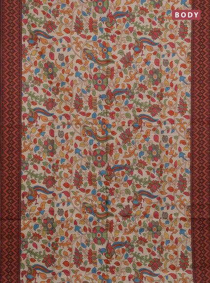 Semi tussar saree beige and coffee brown with allover kalamkari prints and patola printed border
