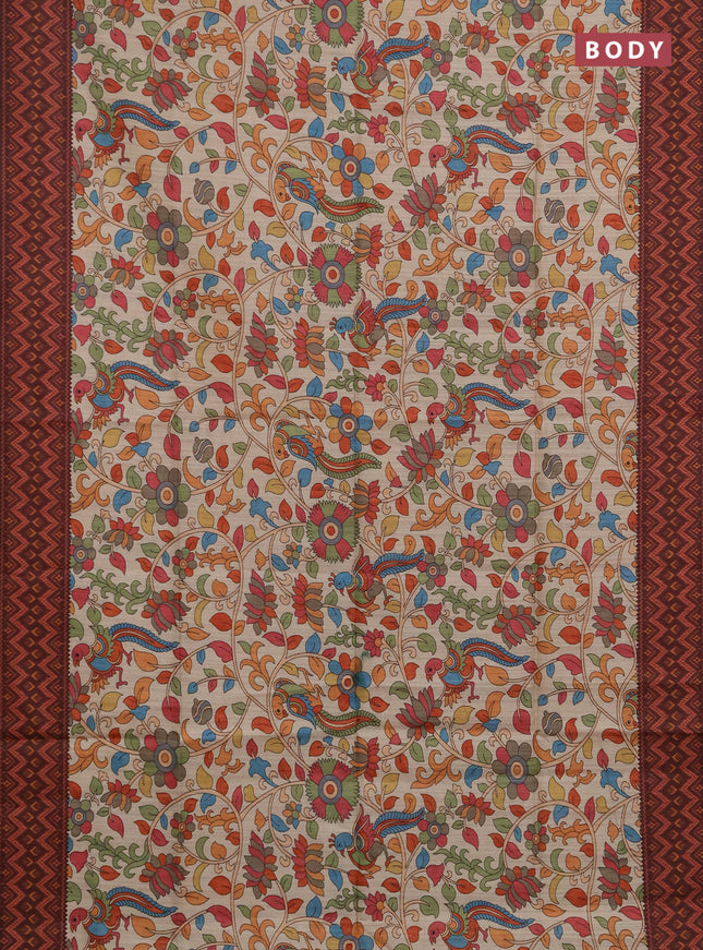 Semi tussar saree beige and coffee brown with allover kalamkari prints and patola printed border