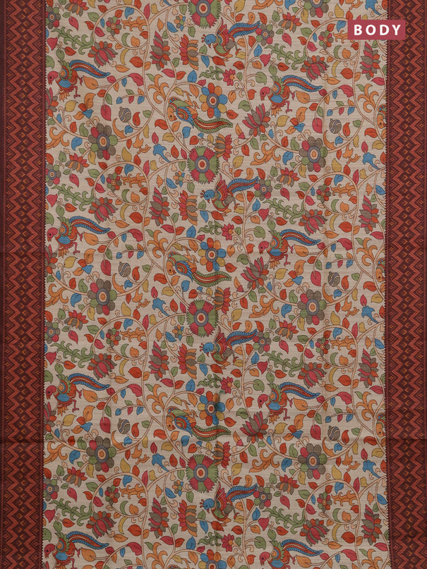 Semi tussar saree beige and coffee brown with allover kalamkari prints and patola printed border