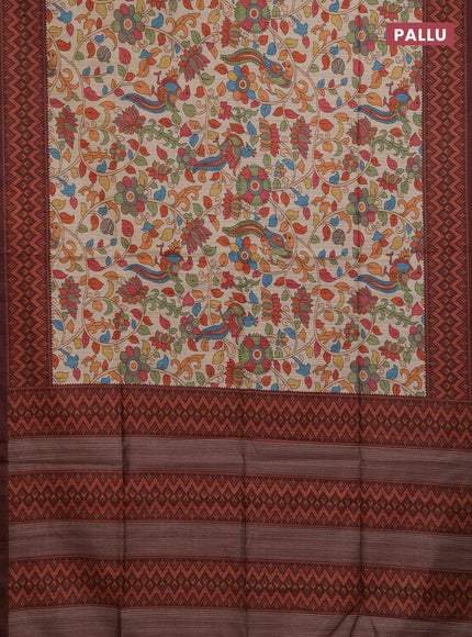 Semi tussar saree beige and coffee brown with allover kalamkari prints and patola printed border