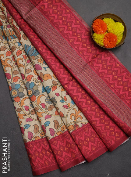 Semi tussar saree beige and maroon with allover kalamkari prints and patola printed border