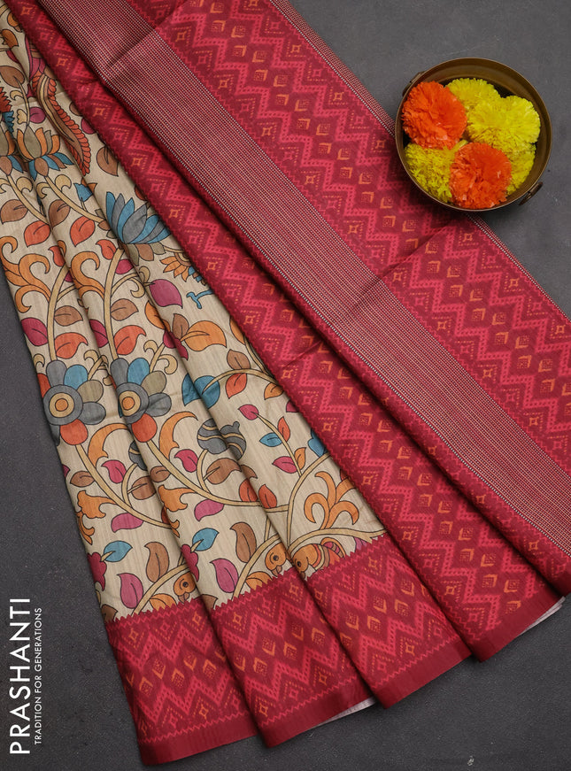 Semi tussar saree beige and maroon with allover kalamkari prints and patola printed border