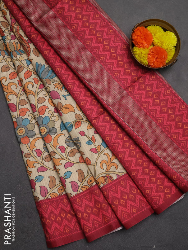 Semi tussar saree beige and maroon with allover kalamkari prints and patola printed border