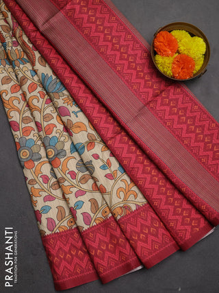Semi tussar saree beige and maroon with allover kalamkari prints and patola printed border