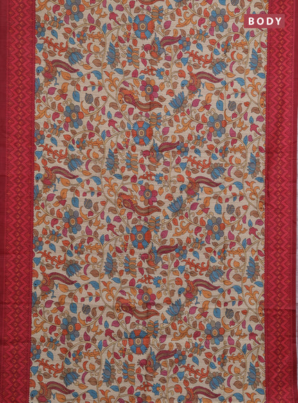 Semi tussar saree beige and maroon with allover kalamkari prints and patola printed border