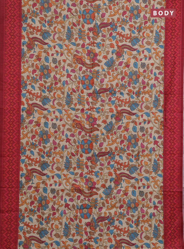 Semi tussar saree beige and maroon with allover kalamkari prints and patola printed border