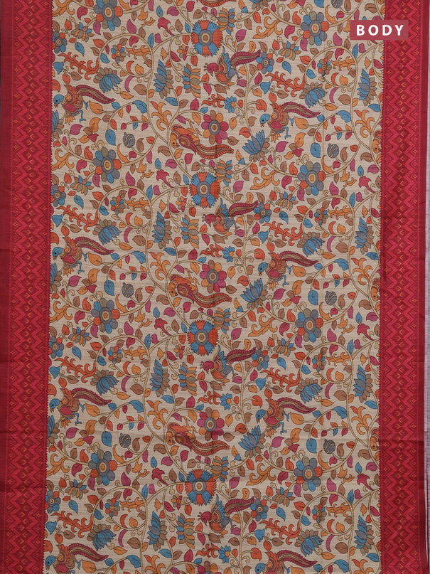 Semi tussar saree beige and maroon with allover kalamkari prints and patola printed border