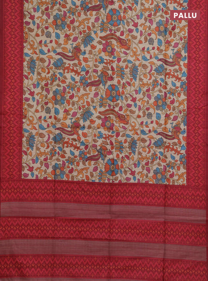 Semi tussar saree beige and maroon with allover kalamkari prints and patola printed border