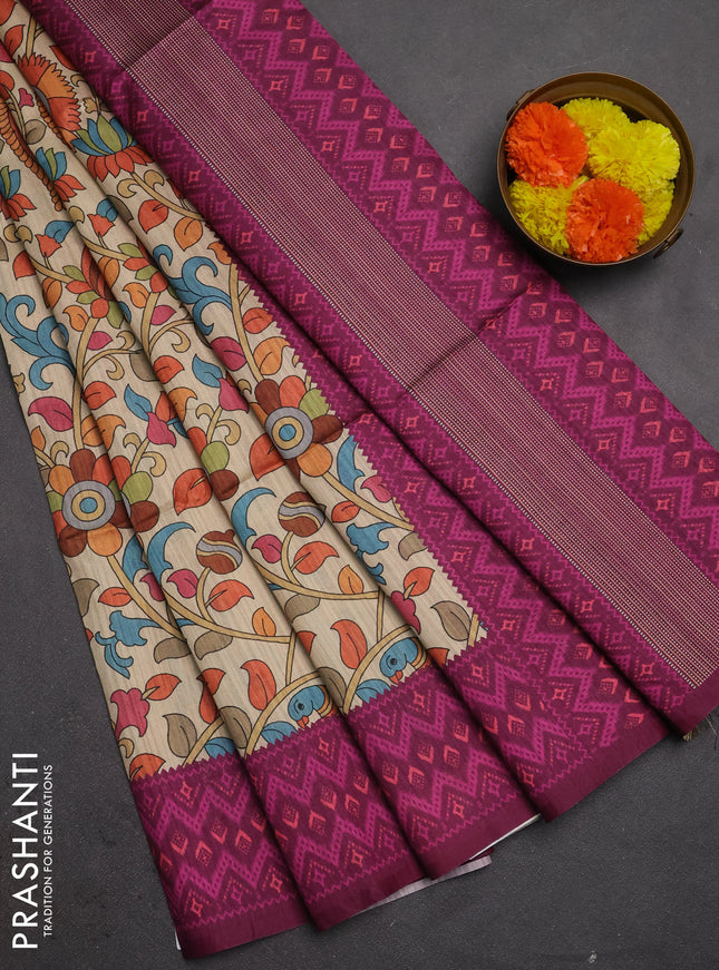 Semi tussar saree beige and magenta pink with allover kalamkari prints and patola printed border