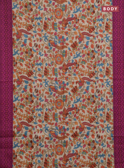 Semi tussar saree beige and magenta pink with allover kalamkari prints and patola printed border