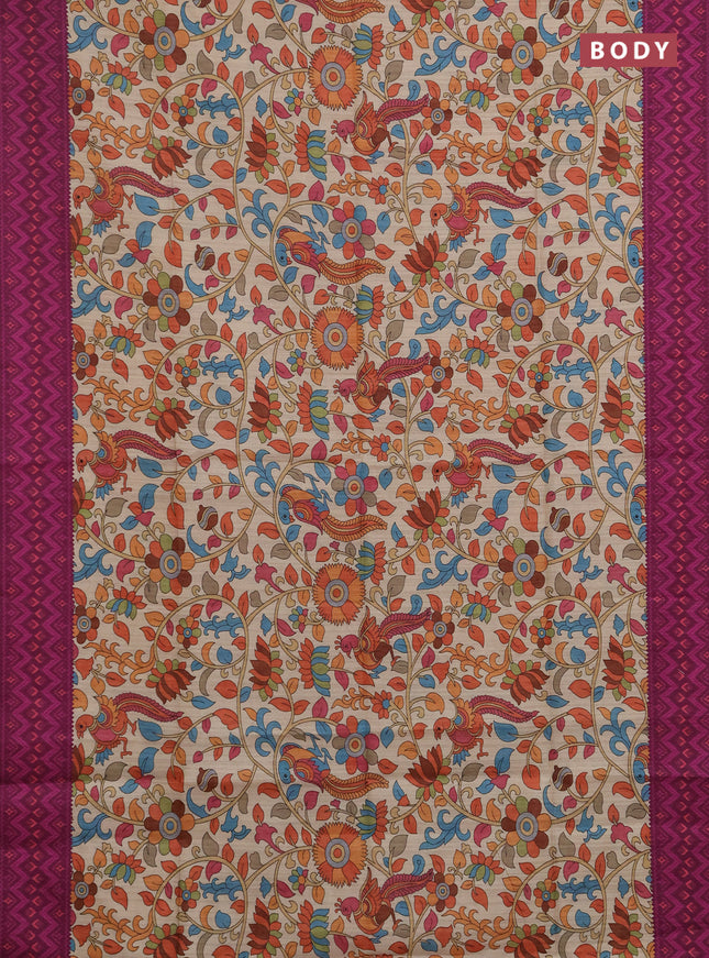 Semi tussar saree beige and magenta pink with allover kalamkari prints and patola printed border