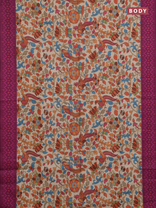 Semi tussar saree beige and magenta pink with allover kalamkari prints and patola printed border