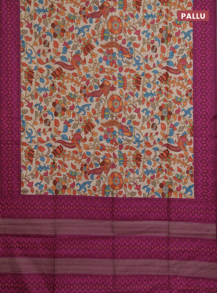 Semi tussar saree beige and magenta pink with allover kalamkari prints and patola printed border