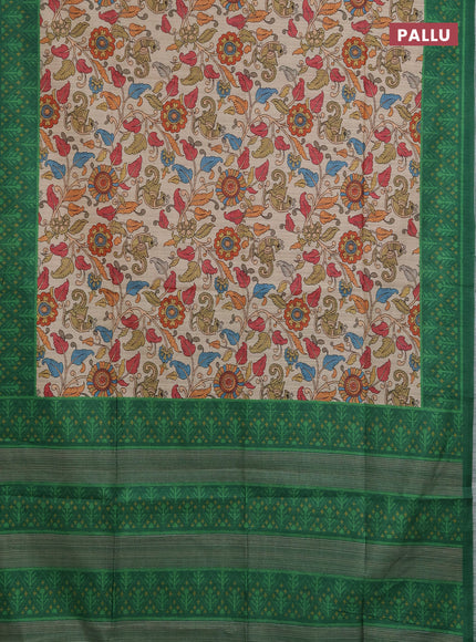 Semi tussar saree beige and green with allover kalamkari prints and patola printed border