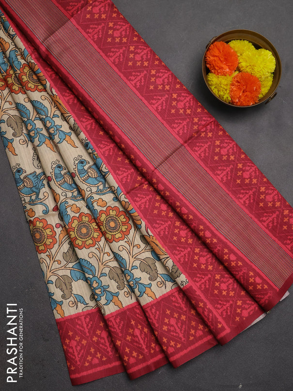 Semi tussar saree beige and maroon with allover kalamkari prints and patola printed border