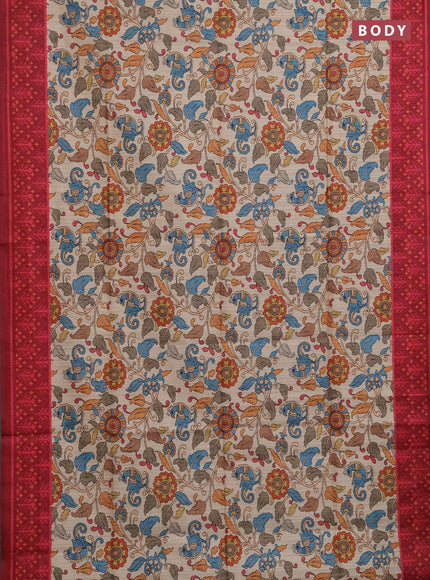 Semi tussar saree beige and maroon with allover kalamkari prints and patola printed border