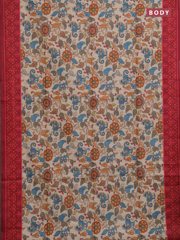 Semi tussar saree beige and maroon with allover kalamkari prints and patola printed border