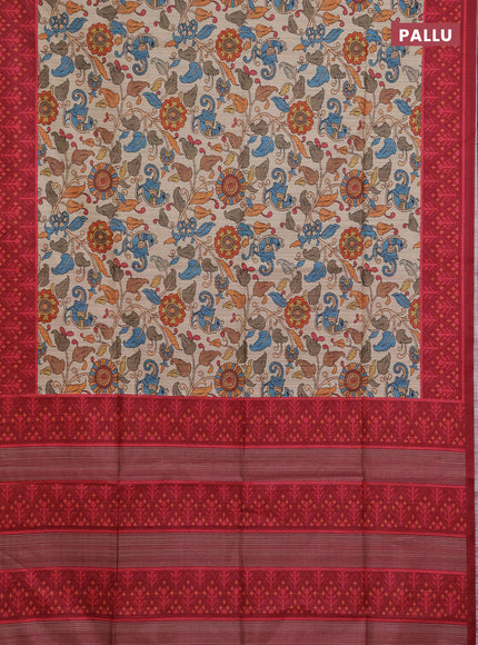 Semi tussar saree beige and maroon with allover kalamkari prints and patola printed border