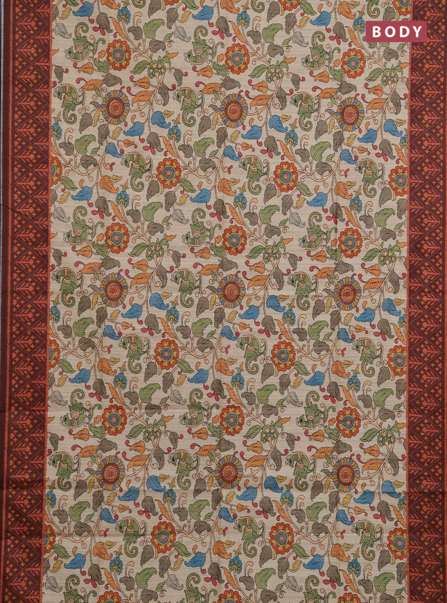 Semi tussar saree beige and coffee brown with allover kalamkari prints and patola printed border