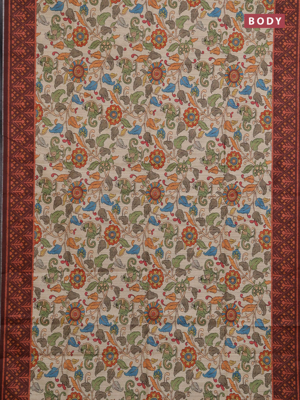 Semi tussar saree beige and coffee brown with allover kalamkari prints and patola printed border