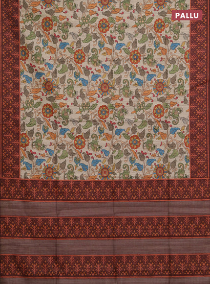 Semi tussar saree beige and coffee brown with allover kalamkari prints and patola printed border