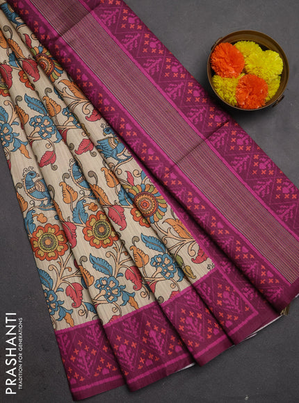 Semi tussar saree beige and magenta pink with allover kalamkari prints and patola printed border