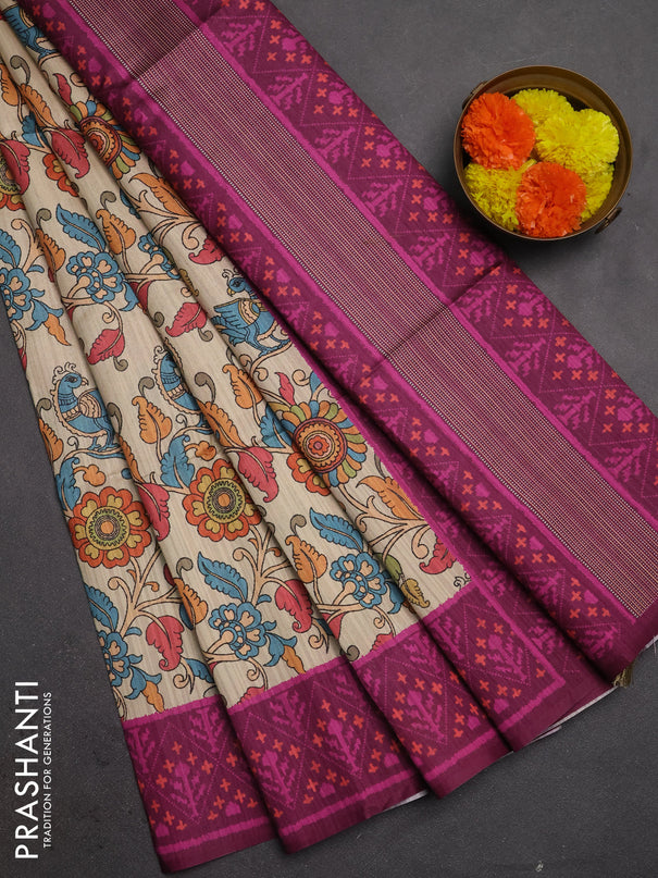 Semi tussar saree beige and magenta pink with allover kalamkari prints and patola printed border