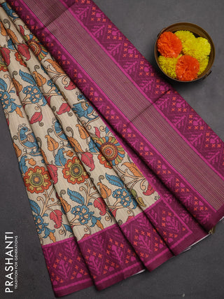 Semi tussar saree beige and magenta pink with allover kalamkari prints and patola printed border