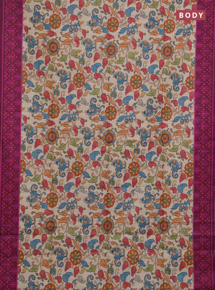 Semi tussar saree beige and magenta pink with allover kalamkari prints and patola printed border
