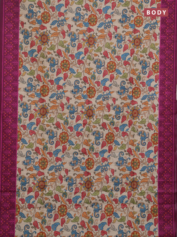 Semi tussar saree beige and magenta pink with allover kalamkari prints and patola printed border