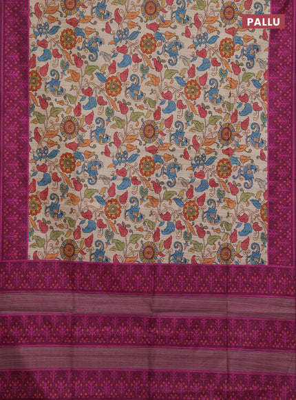 Semi tussar saree beige and magenta pink with allover kalamkari prints and patola printed border