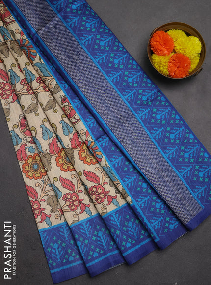 Semi tussar saree beige and navy blue with allover kalamkari prints and patola printed border