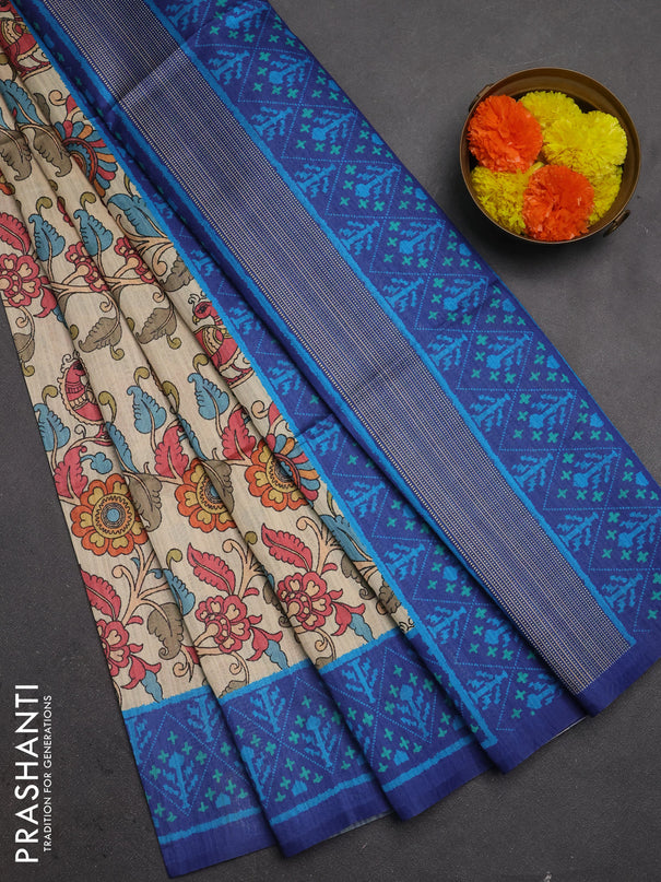 Semi tussar saree beige and navy blue with allover kalamkari prints and patola printed border