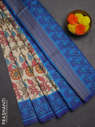 Semi tussar saree beige and navy blue with allover kalamkari prints and patola printed border