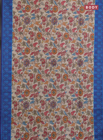 Semi tussar saree beige and navy blue with allover kalamkari prints and patola printed border