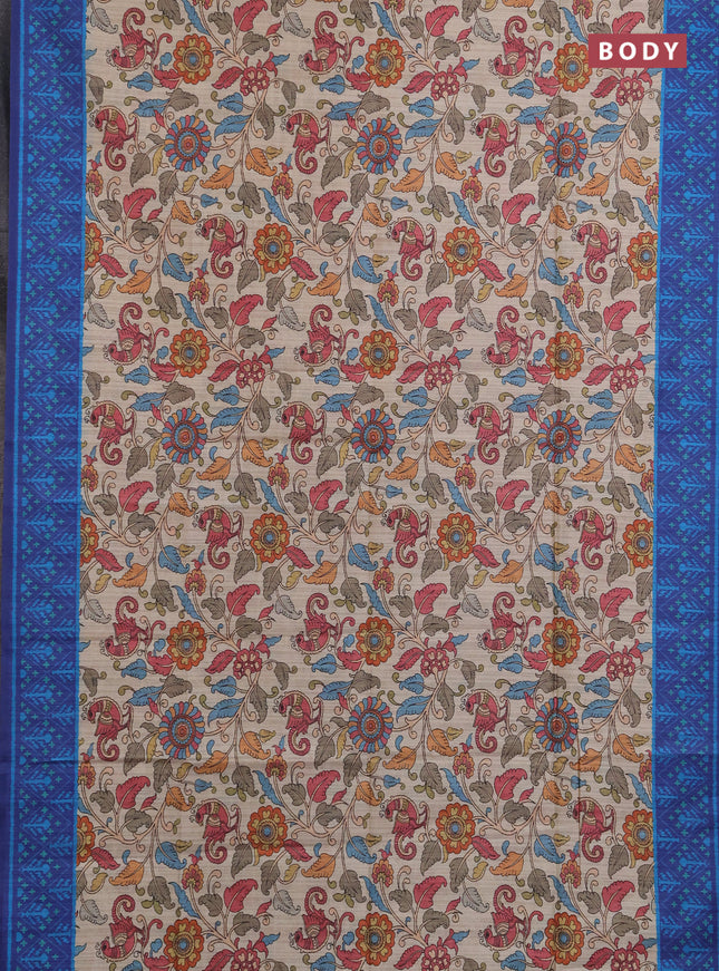 Semi tussar saree beige and navy blue with allover kalamkari prints and patola printed border