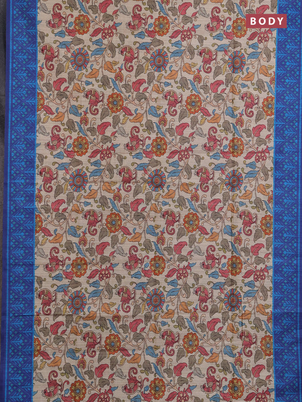 Semi tussar saree beige and navy blue with allover kalamkari prints and patola printed border