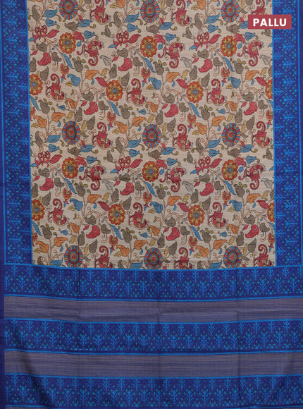 Semi tussar saree beige and navy blue with allover kalamkari prints and patola printed border
