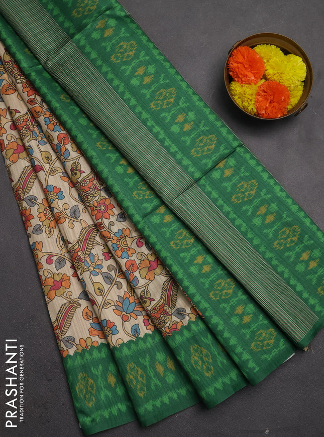 Semi tussar saree beige and green with allover kalamkari prints and patola printed border