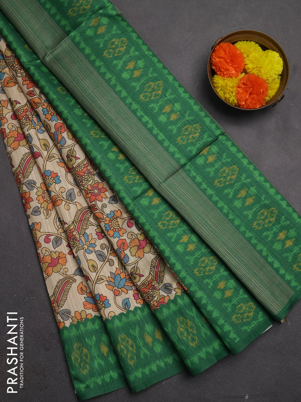 Semi tussar saree beige and green with allover kalamkari prints and patola printed border