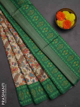 Semi tussar saree beige and green with allover kalamkari prints and patola printed border