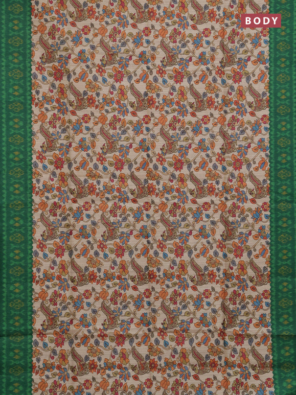 Semi tussar saree beige and green with allover kalamkari prints and patola printed border