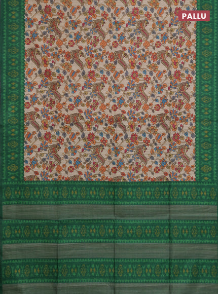 Semi tussar saree beige and green with allover kalamkari prints and patola printed border
