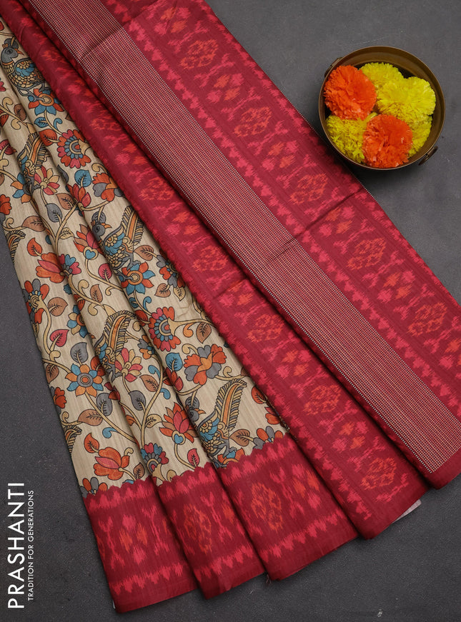 Semi tussar saree beige and maroon with allover kalamkari prints and patola printed border