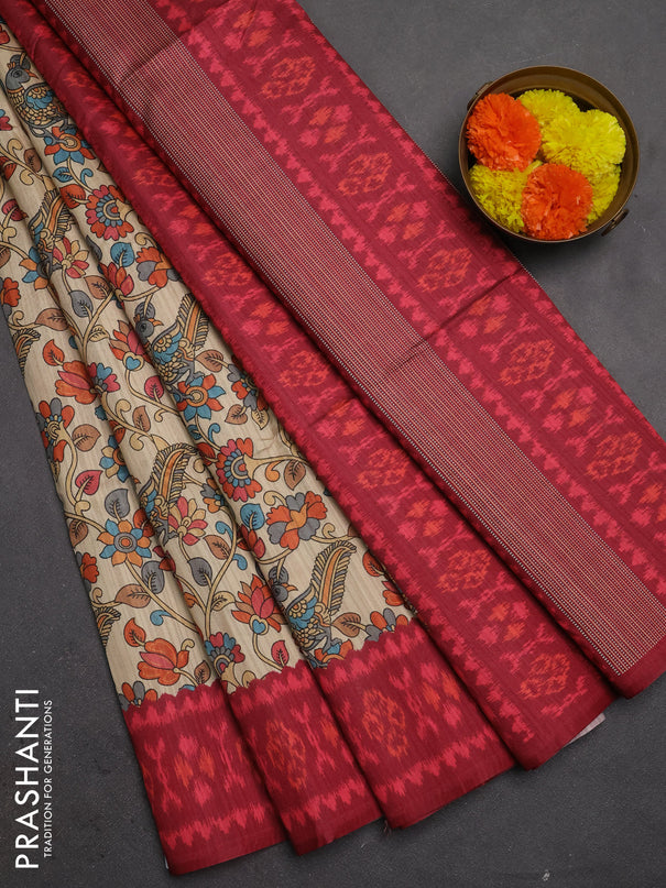 Semi tussar saree beige and maroon with allover kalamkari prints and patola printed border