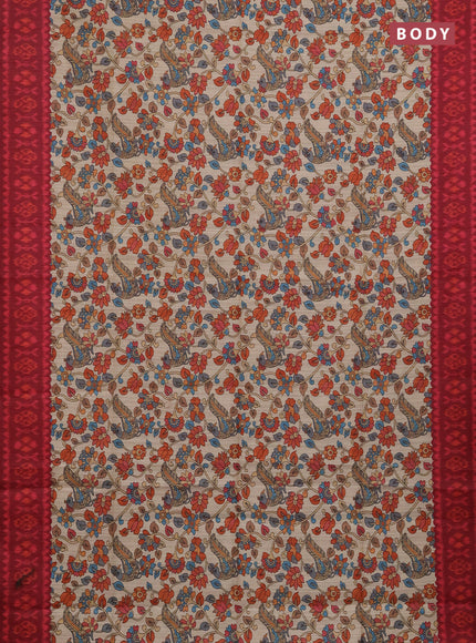 Semi tussar saree beige and maroon with allover kalamkari prints and patola printed border
