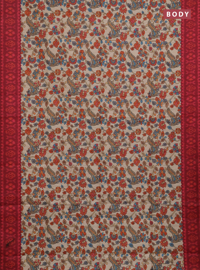 Semi tussar saree beige and maroon with allover kalamkari prints and patola printed border