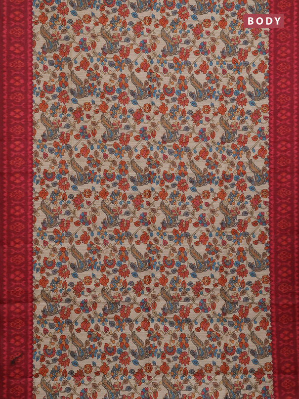 Semi tussar saree beige and maroon with allover kalamkari prints and patola printed border