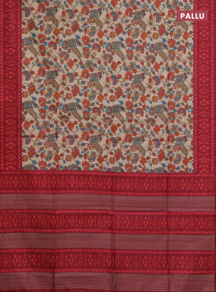 Semi tussar saree beige and maroon with allover kalamkari prints and patola printed border