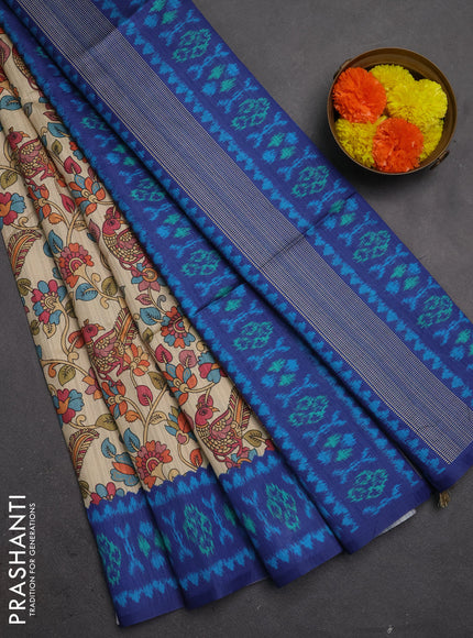 Semi tussar saree beige and navy blue with allover kalamkari prints and patola printed border